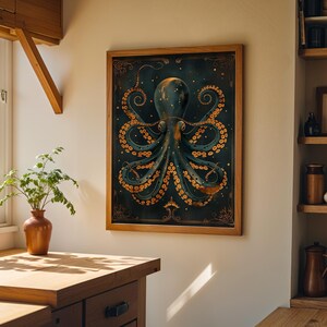 Art Deco Octopus Wall Art Print, Luxury Nautical Décor, Teal and Gold Ocean Artwork, Statement Coastal Office Art, Kraken Poster image 2