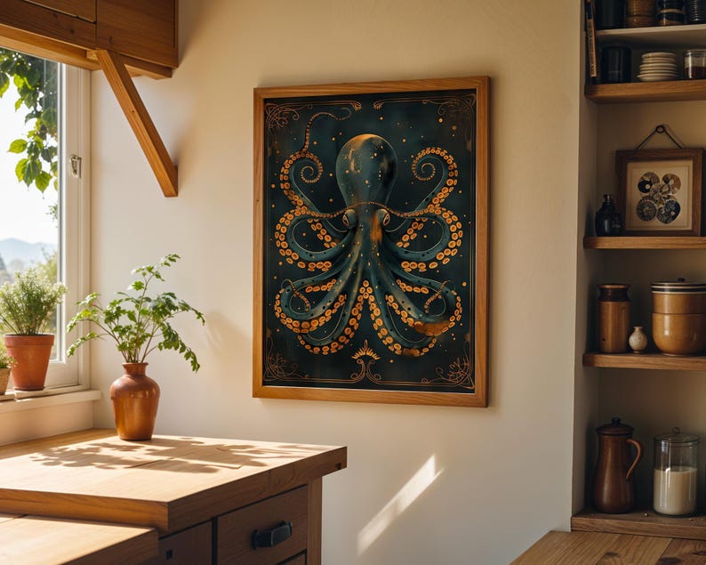 Art Deco Octopus Wall Art Print, Luxury Nautical Décor, Teal and Gold Ocean Artwork, Statement Coastal Office Art, Kraken Poster image 2