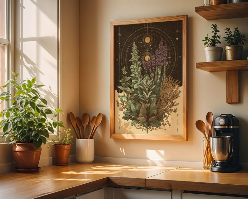 Celestial Herbal Print – Botanical Kitchen Witch Wall Art Poster | Astrology Wall Art | Cottagecore | Botanical Poster