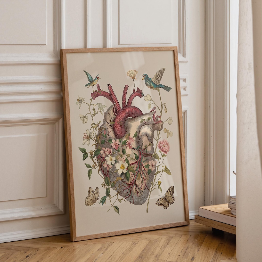 Red Anatomical Heart Botanical Print, Floral Illustration, Dark ...