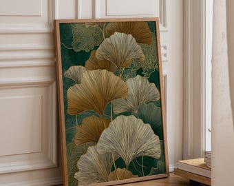 Ginkgo Leaf Wall Art, Art Deco Botanical Print, Gold Green Nature Illustration