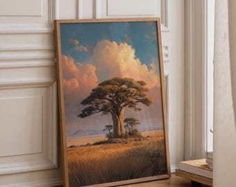 African Baobab Tree Wall Art Print, Savanna Landscape Poster, African Nature Landscape Art, Safari Tree Painting, Rustic Nature Wall Decor
