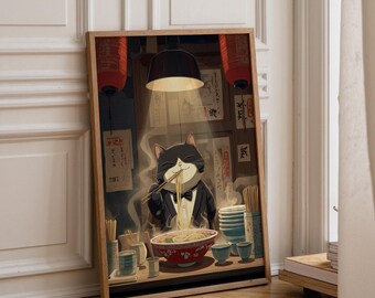 Kawaii Cat Eating Ramen Art Print | Cosy Japanese Noodle Shop Illustration | Cute Cat Kitchen Wall Art | Warm Lantern Anime Style Décor