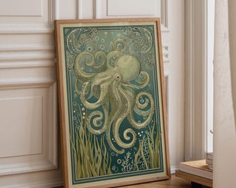Octopus Wall Art, Coastal Ocean Print, Nautical Sea Life Illustration (Framed Option)