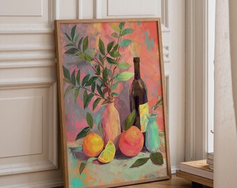 Colourful Still Life Art Print • Modern Wine & Citrus Wall Art • Vibrant Kitchen Décor • Painterly Fruit Illustration • Contemporary Home