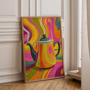 May include: A framed rectangular wall art print featuring a central teapot with a dark lid, handle, and spout. The teapot body displays a swirling, marbled pattern of orange, yellow, and green. Wisps of white steam rise from the spout against a vibrant, wavy background of pink, orange, and green hues.