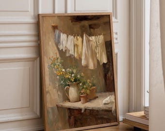 Vintage Laundry Room Wall Art Print, Rustic French Cottage Laundry Painting, Neutral Farmhouse Linen Decor Poster (Framed Option)