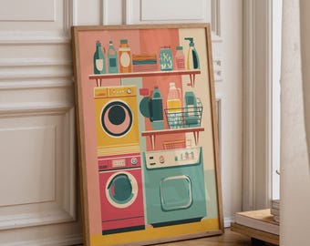 Retro Laundry Room Wall Art Print, Colorful Mid Century Laundry Decor, Funky Vintage Washer Dryer Poster (Framed Option)