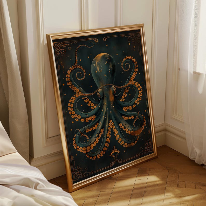 Art Deco Octopus Wall Art Print, Luxury Nautical Décor, Teal and Gold Ocean Artwork, Statement Coastal Office Art, Kraken Poster image 5