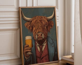 Highland Cow Wall Art Print | Scottish Highland Cattle Portrait in Suit with Beer | Rustic Animal Décor | Quirky Kitchen & Bar Artwork