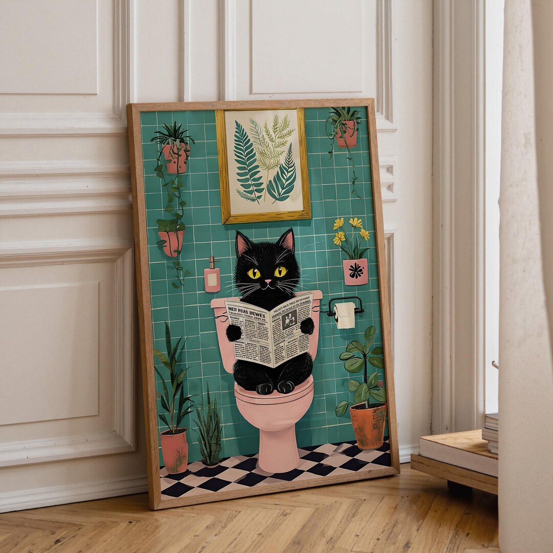 Funny Black Cat Bathroom Wall Art, Cat Reading Newspaper Print, Quirky ...