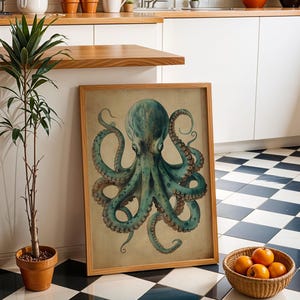 Vintage Octopus Wall Art Print, Nautical Coastal Décor, Teal Antique Kraken Illustration, Maritime Study Artwork, Ocean Lover Gift imagen 4