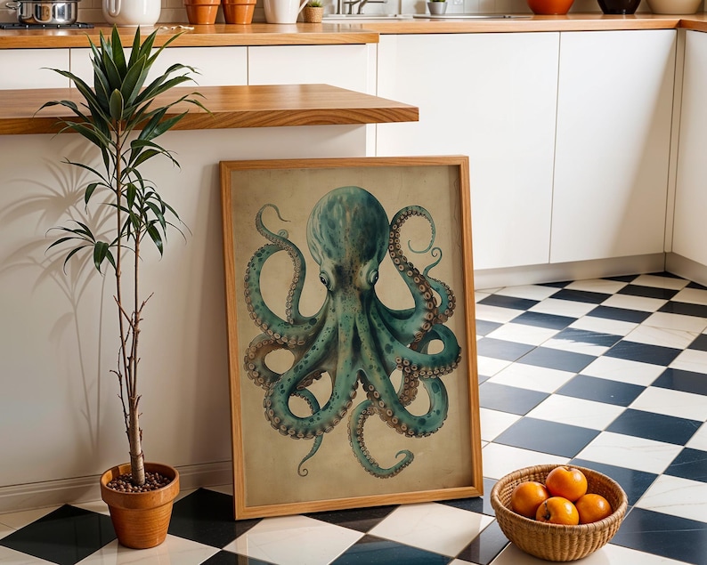 Vintage Octopus Wall Art Print, Nautical Coastal Décor, Teal Antique Kraken Illustration, Maritime Study Artwork, Ocean Lover Gift imagen 4