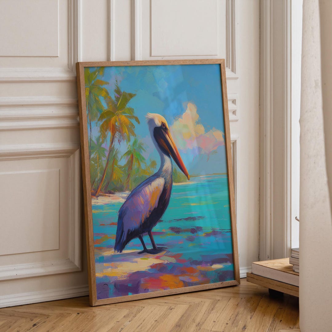 Tropical Pelican Beach Painting, Colorful Coastal Bird Wall Art ...