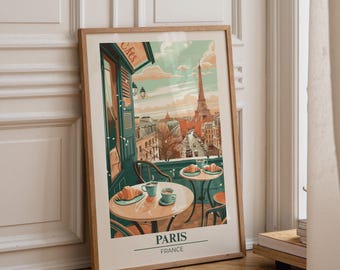 Paris Travel Poster | Vintage French Wall Art | Eiffel Tower Café Illustration | Retro City Print | Parisian Home Décor | European Travel