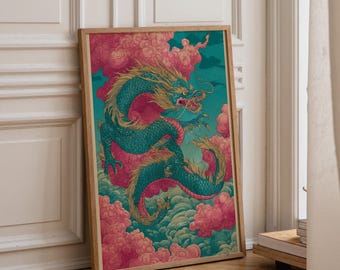 Cherry Blossom Dragon Art Print | Japanese Fantasy Wall Art | Mythical Creature Poster | Oriental Ink Style Illustration | Asian Mythology