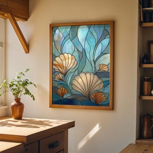 Stained Glass Seashell Wall Art, Coastal Ocean Illustration, Nautical Beach Décor, Art Nouveau imagen 3