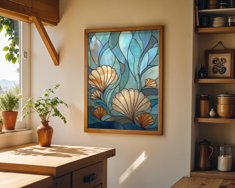 Stained Glass Seashell Wall Art, Coastal Ocean Illustration, Nautical Beach Décor, Art Nouveau imagen 3