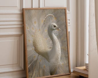 White Peacock Wall Art | Neutral Boho Bird Print | Elegant Nature Illustration | Minimalist Botanical Décor | Modern Living Room Artwork |
