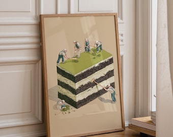 Matcha Cake Wall Art Print, Surreal Miniature Workers Poster, Whimsical Dessert Art, Modern Kitchen Decor, Bakery Artwork (Framed Option)
