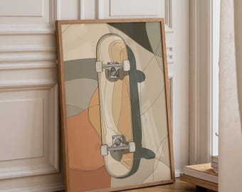 Puede incluir: Una lámina de arte vertical enmarcada que presenta una ilustración de líneas de un monopatín centrada sobre un fondo abstracto de formas orgánicas superpuestas en tonos apagados de beige, marrón claro, verde oliva y terracota.