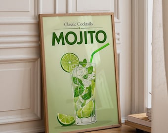 Mojito Cocktail Art Print | Classic Drink Poster | Mint & Lime Bar Wall Art | Kitchen Cocktail Décor | Vintage Inspired Mojito Illustration