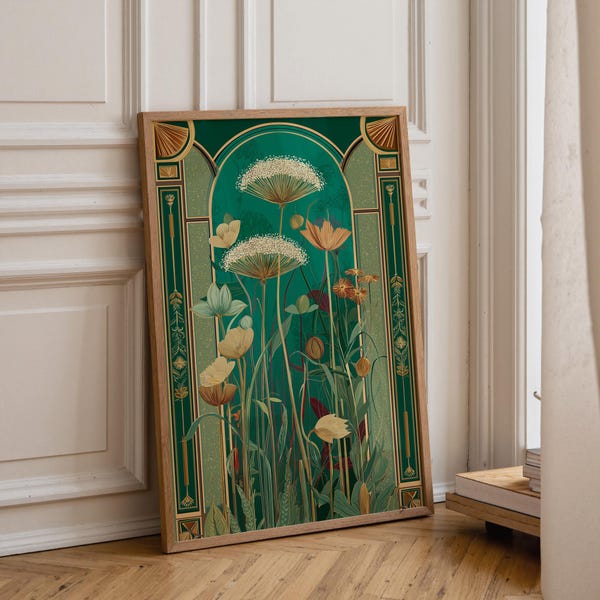 Quadro floreale Art Nouveau, stampa botanica verde e oro, poster floreale vintage, elegante illustrazione botanica, decorazione floreale di lusso