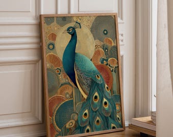 Art Deco Peacock Wall Art | Elegant Gold & Teal Bird Illustration | Luxurious Vintage-Inspired Print | Glam Boho Home Décor | Peacock Poster