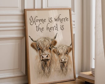 Highland Cow Wall Art Print | Rustic Farmhouse Kitchen Décor | "Home is Where the Herd Is" Quote Poster