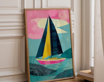 Colorful Sailboat Artwork, Modern Abstract Nautical Poster, Pink Yellow Beach House Art (Framed Option)