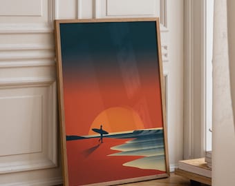Minimal Surfer Sunset Wall Art Print | Modern Surf Illustration | Coastal Home Décor | Ocean Sunset Poster | Beach House Art