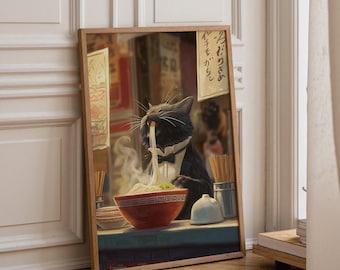Kawaii Cat Eating Ramen Art Print | Cosy Japanese Noodle Shop Illustration | Cute Cat Kitchen Wall Art | Warm Lantern Anime Style Décor
