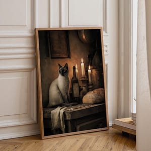 Lámina artística de gato barroco / Bodegón de gato con pan a la luz de las velas / Póster / Arte mural estilo maestros antiguos / Decoración rústica vintage de gato