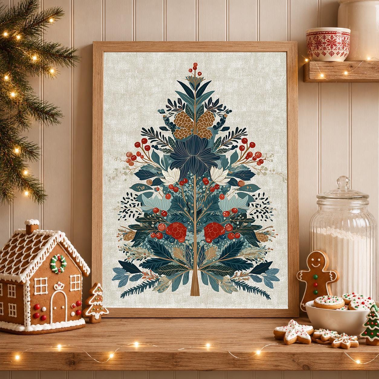 Scandinavian Christmas Tree Print, Nordic Folk Art Wall Decor