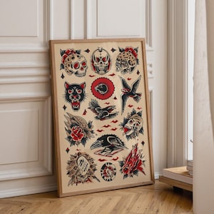 Traditional Tattoo Flash Sheet Wall Art, Gothic Skull and Panther Poster, Vintage Americana Tattoo Studio Decor (Framed Option)