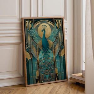 May include: A rectangular framed wall art print featuring a stylized peacock with teal and blue plumage centered against a circular gold sunburst. The composition incorporates geometric lines and intricate patterns in shades of gold and dark teal.