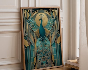 Art Deco Peacock Wall Art | Teal and Gold Elegant Bird Print | Vintage Glam Home Décor | Luxury Geometric Illustration Poster