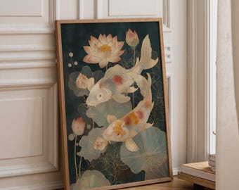 May include: A framed vertical wall art print featuring two koi fish swimming among lotus flowers and lily pads. The artwork uses a dark teal background with gold line art details, soft pink lotus blossoms, and koi with white, orange, and grey scales.