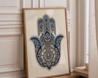 Blue Hamsa Wall Art • Intricate Hamsa Hand Print • Jewish Home Blessing Décor • Modern Judaica • Protective Hand Symbol • Middle Eastern