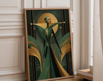 Art Deco Woman Wall Art Print, Elegant Goddess Poster, Emerald & Gold Fashion Illustration, Vintage Style