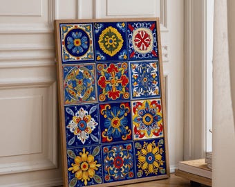 Talavera Tile Wall Art • Mexican Floral Pattern Print • Colourful Folk Art Décor • Vibrant Blue Kitchen Artwork • Boho Spanish Tile