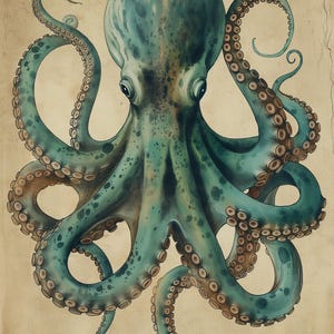 Vintage Octopus Wall Art Print, Nautical Coastal Décor, Teal Antique Kraken Illustration, Maritime Study Artwork, Ocean Lover Gift imagen 7