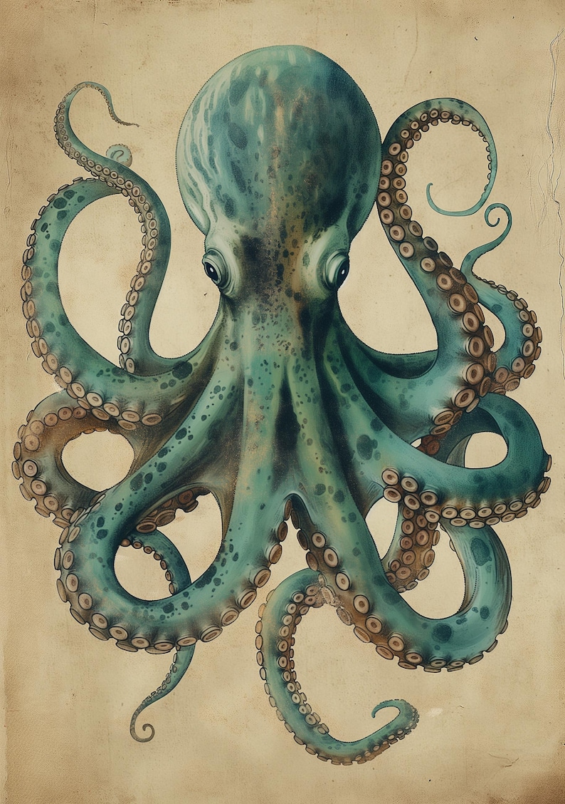 Vintage Octopus Wall Art Print, Nautical Coastal Décor, Teal Antique Kraken Illustration, Maritime Study Artwork, Ocean Lover Gift imagen 7
