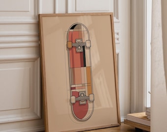 May include: A framed vertical wall art print featuring a stylized illustration of a skateboard. The skateboard deck displays a geometric pattern of muted red, orange, and black vertical stripes. It includes silver trucks and light-colored wheels.