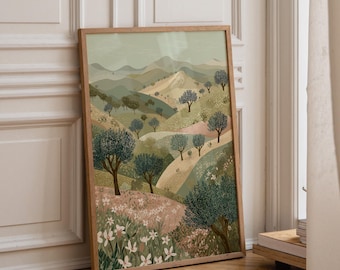 Palestinian Olive Grove Landscape Print, Palestine Hills Wall Art, Mediterranean Poster