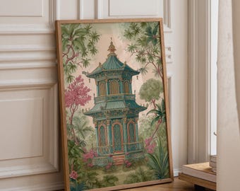 Op de afbeelding: Een ingelijste kunstdruk met een meerlaagse turquoise pagode omringd door weelderig groen gebladerte en roze bloeiende bomen. De illustratie maakt gebruik van een zacht kleurenpalet met gedetailleerde architecturale elementen en een lichte achtergrond.