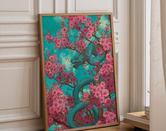 Cherry Blossom Dragon Art Print | Japanese Fantasy Wall Art | Mythical Creature Poster | Oriental Ink Style Illustration | Asian Mythology