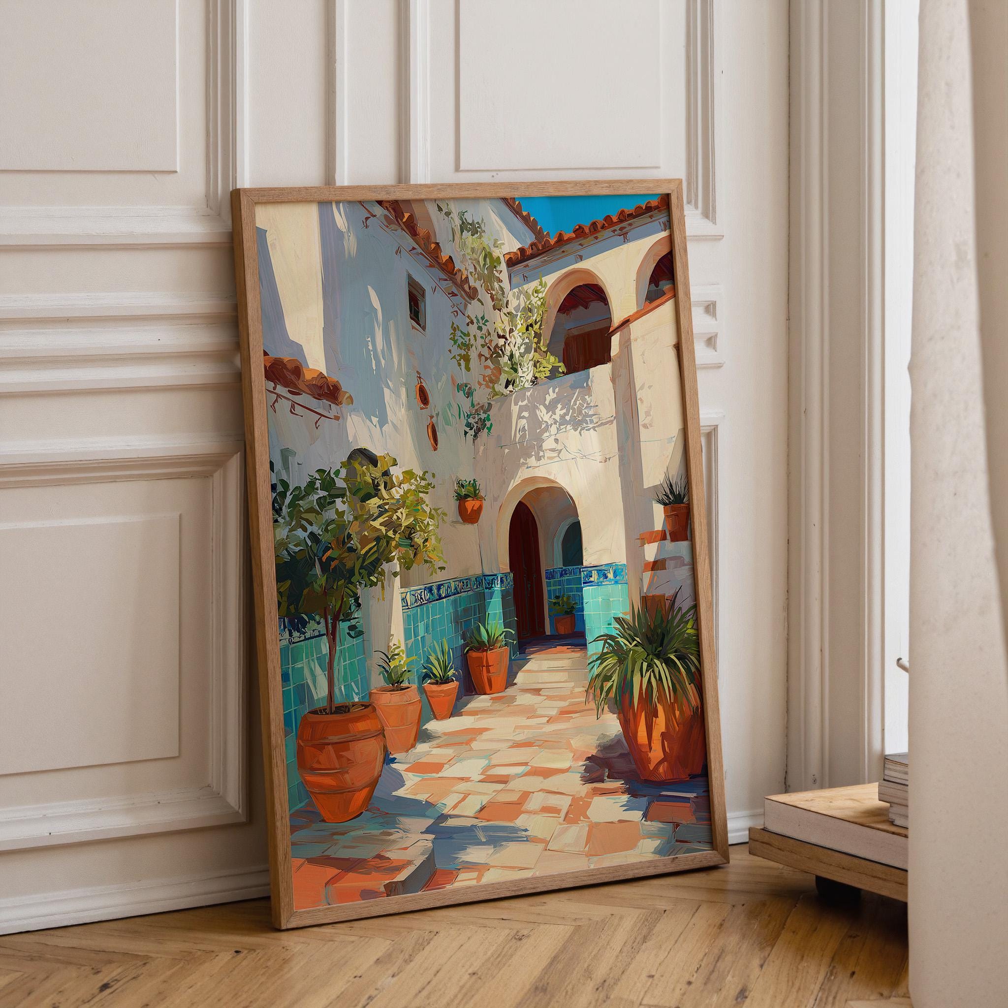 Mediterranean Courtyard Wall Art Print, Spanish Patio Painting, Sunlit ...
