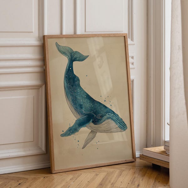 Vintage Whale Illustration Print, Coastal Ocean Art, Minimalist Sea Life Poster (Framed Option)