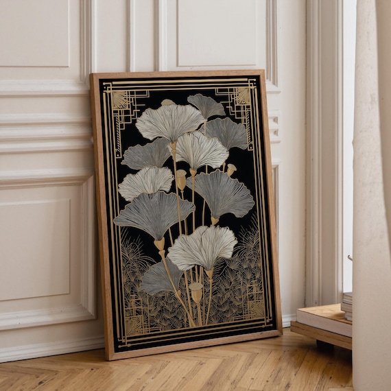 Art Deco Ginkgo Leaf Wall Art, Gold Botanical Print on Black, Vintage Deco Floral Poster, Luxury Botanical Décor, Elegant Botanical